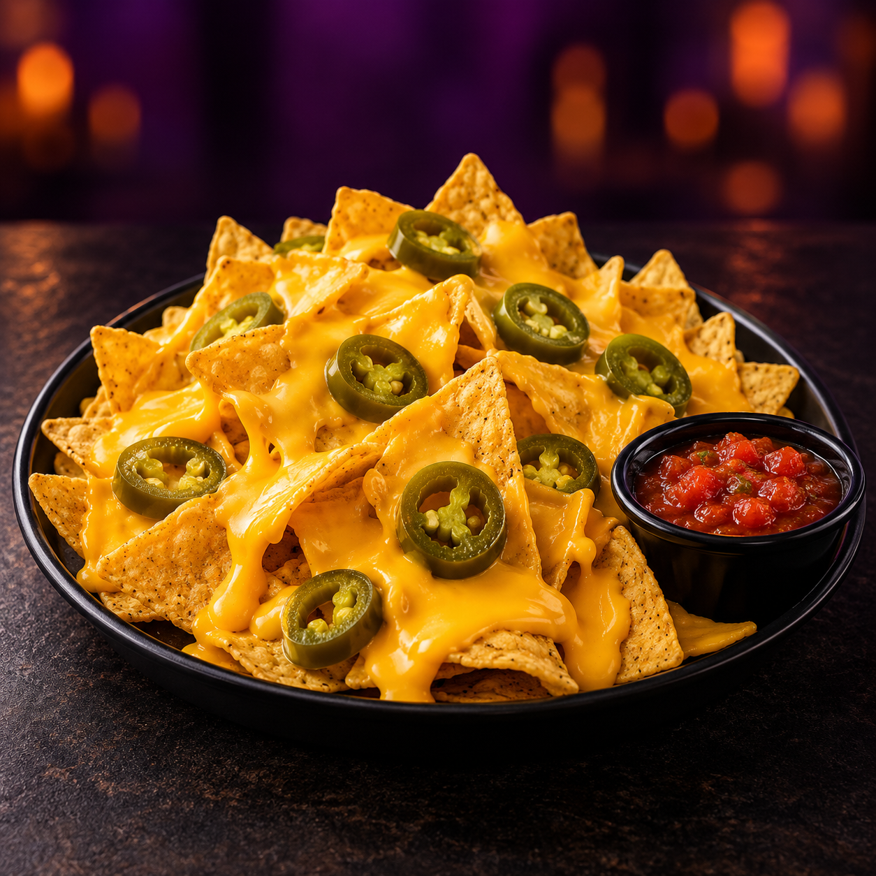 Classic nachos with warm cheese, jalapeños, and salsa