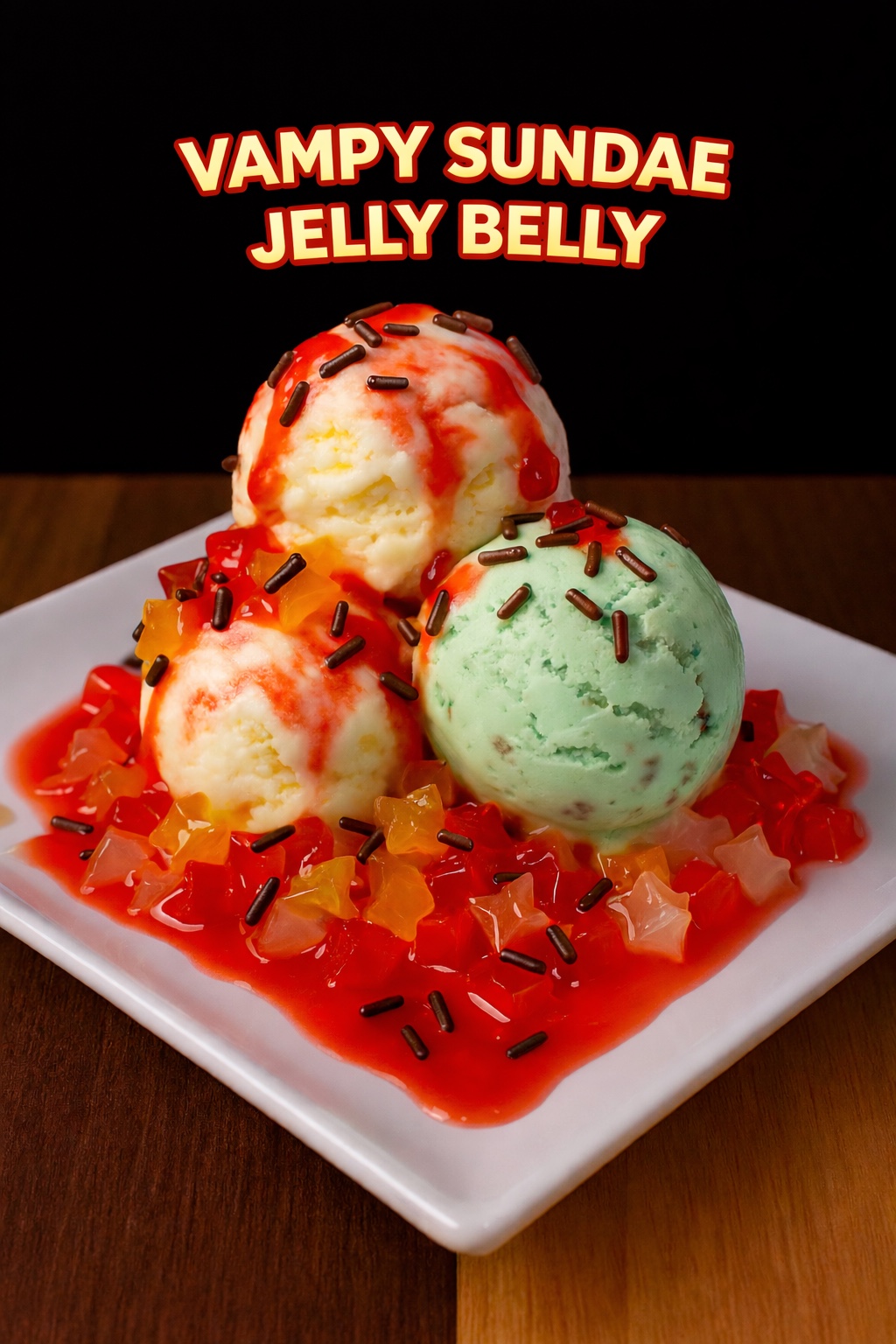 Vampy Sundae Jelly Belly with three ice cream scoops, fruit jellies, strawberry sauce, and chocolate sprinkles
